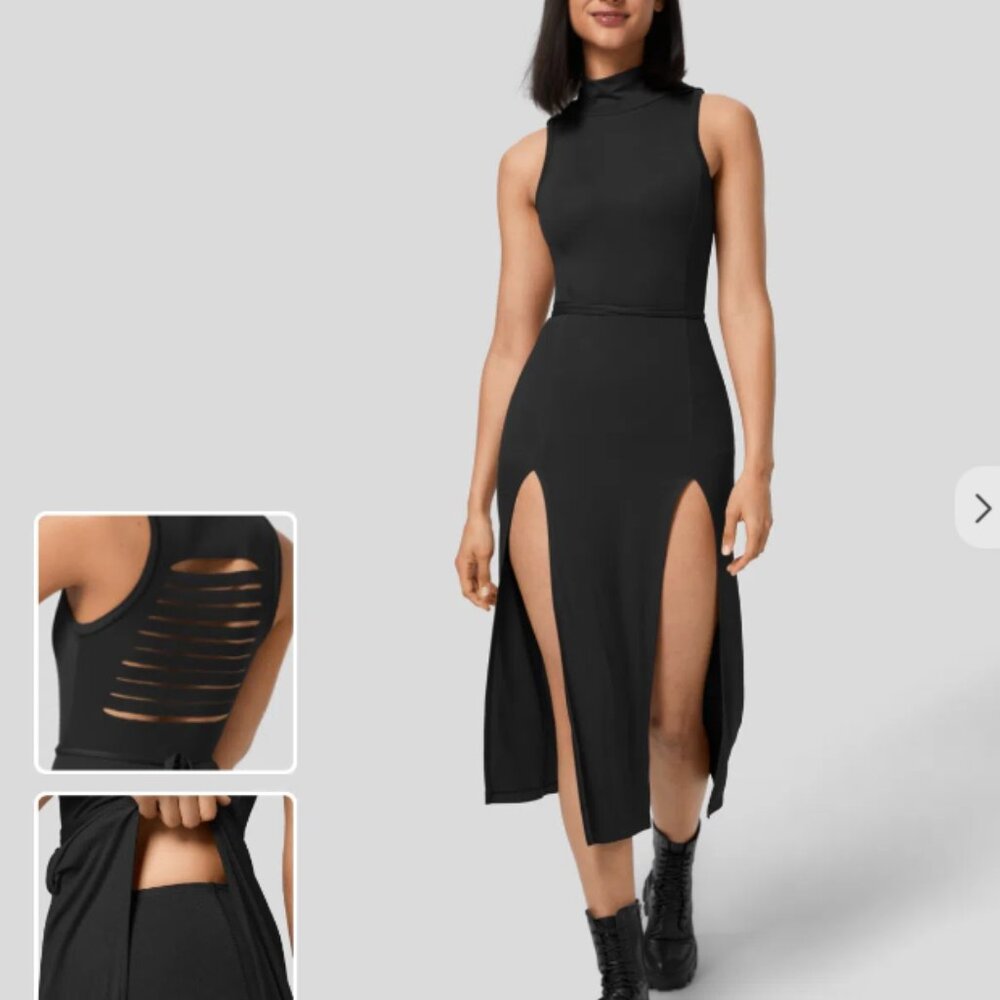 HALARA Ribbed Hooded High Neck Sleeveless Cut Out Tie Back Split 2-Piece NWT L